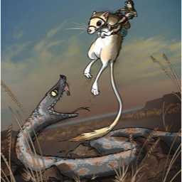 Evasive Maneuvers (2023) -  A kangaroo rat with a tiny human rider, leaping to evade a striking rattlesnake.